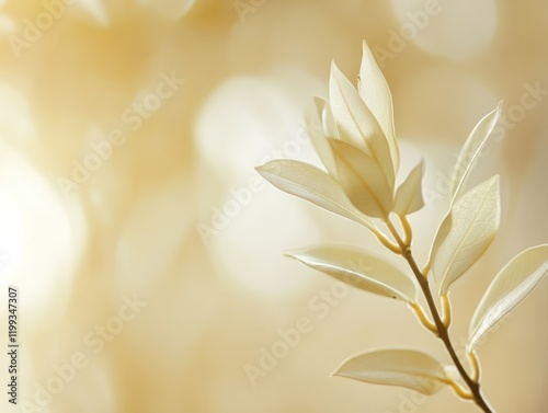 Elegant pale leaves with a soft light bokeh backdrop create a serene natural scene
