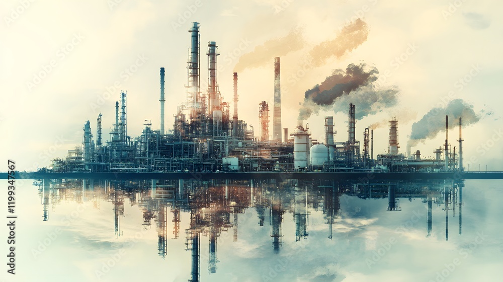 Fototapeta premium Industrial Refinery Complex Reflecting in Calm Waters