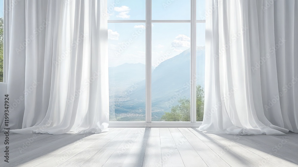Fototapeta premium Elegant white curtains flowing gently in the breeze, with a mountain landscape visible through the glass