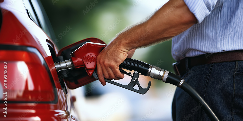 Man hand refueling red car with gasoline pump. Transportation service advertising Man hand refueling red car with gasoline pump. Transportation service advertising