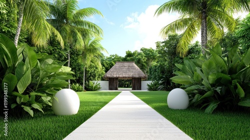 Lush garden pathway leading to a tropical hut.