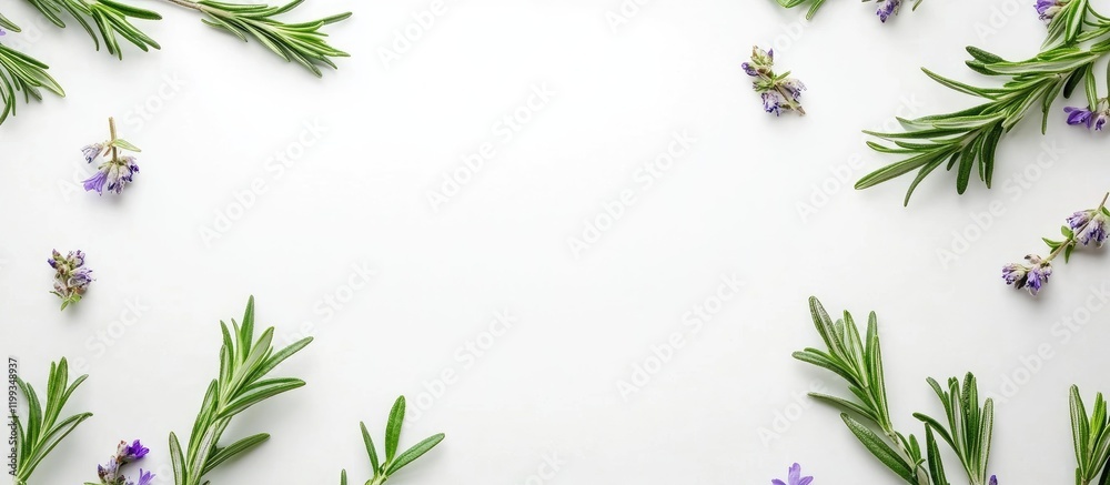 Fresh rosemary herb with delicate purple flowers arranged on white background, creating space for text, perfect for culinary or wellness concepts. Fresh rosemary herb with delicate purple flowers arranged on white background, creating space for text, perfect for culinary or wellness concepts.