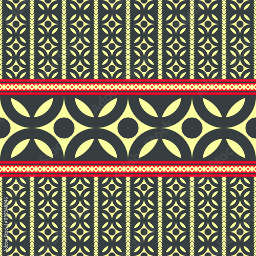 Geometric pattern design featuring circular motifs and vibrant colors, ideal for textiles or wallpapers. intricate details create visually appealing and modern aesthetic