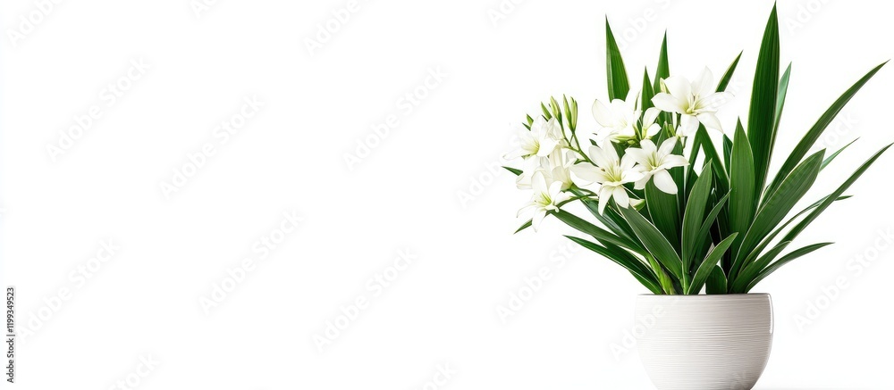 Flowering Yucca Gloriosa Scandens Plant in White Pot with Green Leaves and White Flowers Isolated on Bright White Background for Minimalist Decor Flowering Yucca Gloriosa Scandens Plant in White Pot with Green Leaves and White Flowers Isolated on Bright White Background for Minimalist Decor