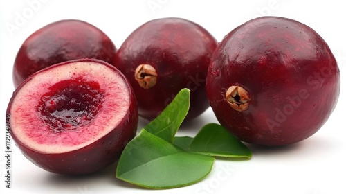 Fresh red camu camu berries with green leaves on white background photo