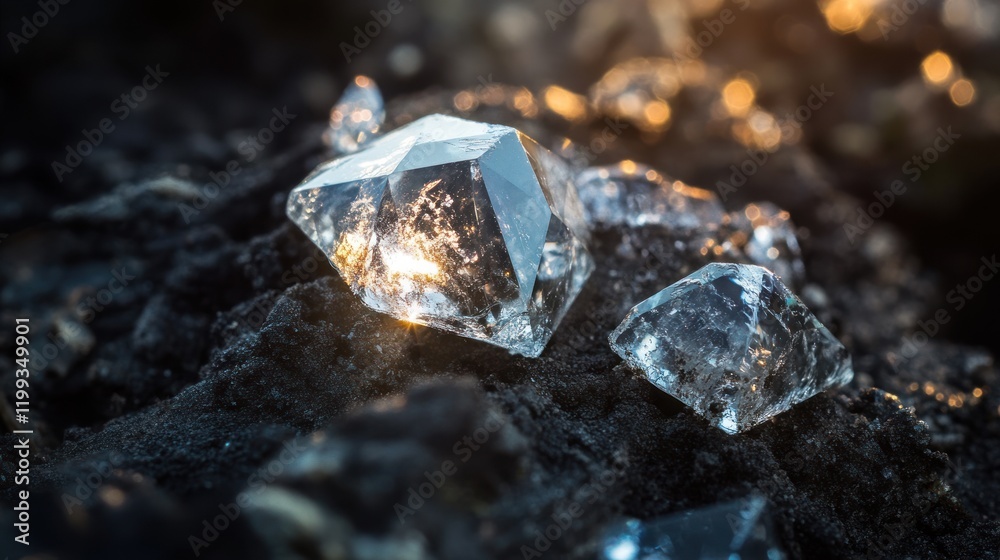 Crystals Glimmering in the Dusk: A Close-Up of Sparkling Gems Embedded in Dark Earth Crystals Glimmering in the Dusk: A Close-Up of Sparkling Gems Embedded in Dark Earth