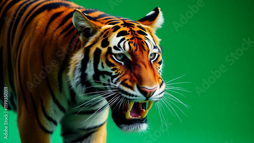 majestic tiger portrait, close-up, intense eyes, vibrant orange and black stripes, detailed fur texture, fierce expression, green background, wildlife photography, ultra-high resolution, photorealisti photo