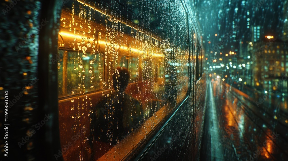 Obraz premium Reflections in raindrops during a late-night bus ride through a vibrant city. Generative AI