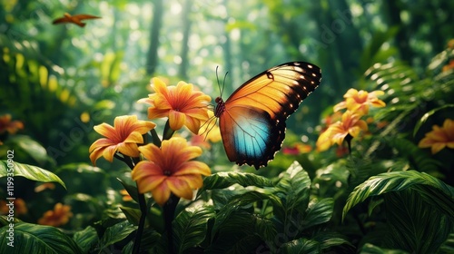 Vibrant butterfly resting on colorful flowers in a lush green forest during daylight hours. Generative AI