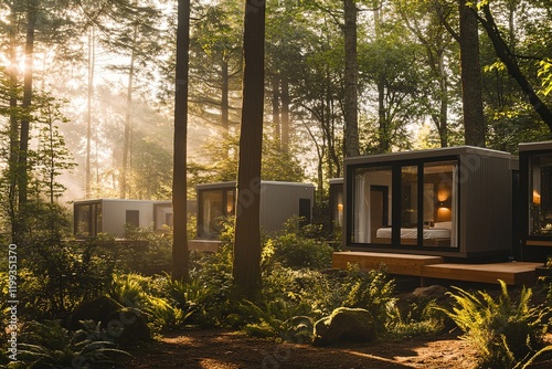 Modern tiny homes nestled in a lush forest create a tranquil eco-friendly community. Soft sunlight illuminates the surroundings, enhancing the peaceful atmosphere