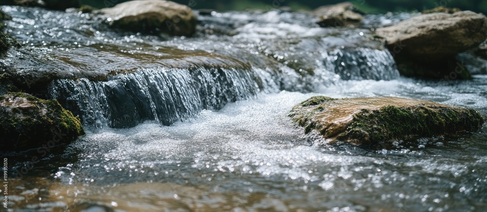 Serene Flowing Water Stream with Clear Cascades over Rocks and Shimmering Surface Ideal for Banner Background and Text Space in Nature Setting Serene Flowing Water Stream with Clear Cascades over Rocks and Shimmering Surface Ideal for Banner Background and Text Space in Nature Setting