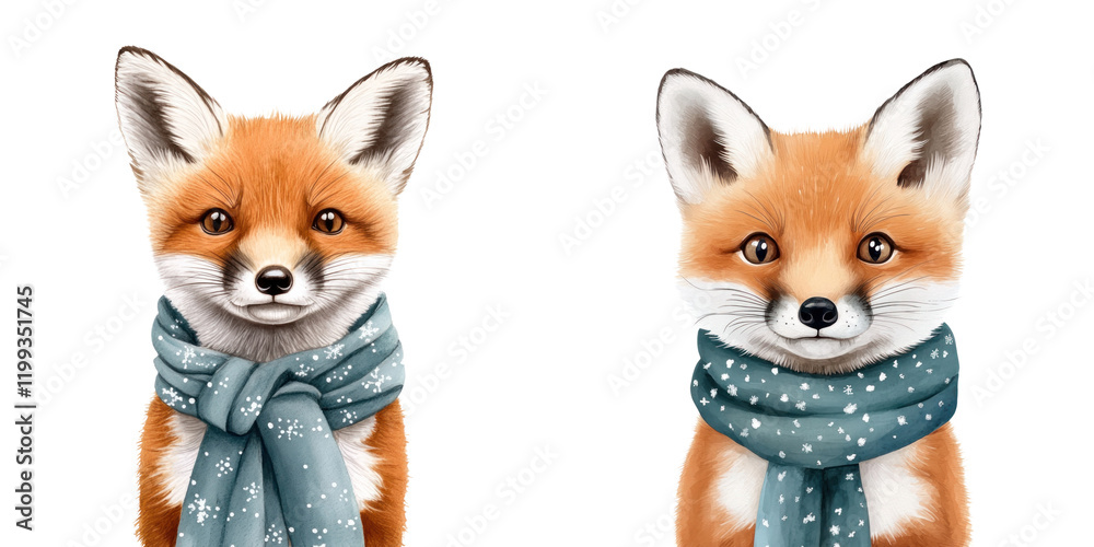 Obraz premium Cute baby foxes wearing scarves, perfect for nursery decor and children rooms