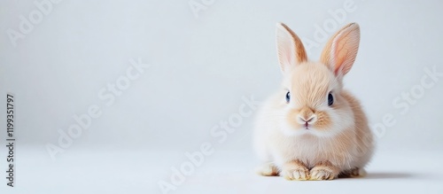 Fluffy adult rabbit with long floppy ears and blue eyes sitting on soft white background with ample copy space for creative text and designs. photo