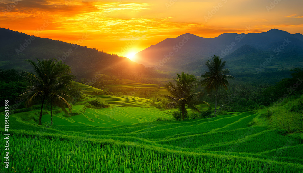 Breathtaking sunset over lush green rice terraces in a mountainous region. Serene landscape photography. Breathtaking sunset over lush green rice terraces in a mountainous region. Serene landscape photography.