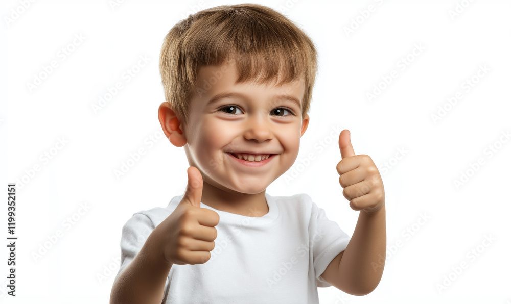 Portrait of happy, cute little boy in white t-shirt showing thumb up isolated on white background. T-shirt mockup Portrait of happy, cute little boy in white t-shirt showing thumb up isolated on white background. T-shirt mockup