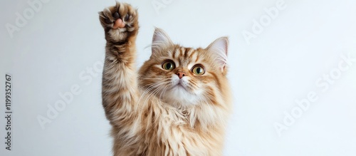 Fluffy golden cat joyfully raising its forepaw against a soft white background symbolizing gratitude and satisfaction with ample copy space for text.