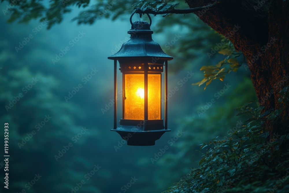 Luminous lantern hangs, dark forest night. Luminous lantern hangs, dark forest night.