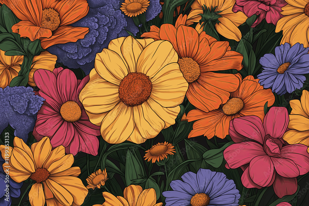 A flower bouquet with thick black outlines and vibrant, clashing colors A flower bouquet with thick black outlines and vibrant, clashing colors