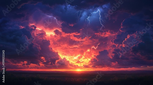 Wallpaper Mural Dramatic lightning illuminates a vibrant sunset over a vast landscape during a stormy evening. Generative AI Torontodigital.ca