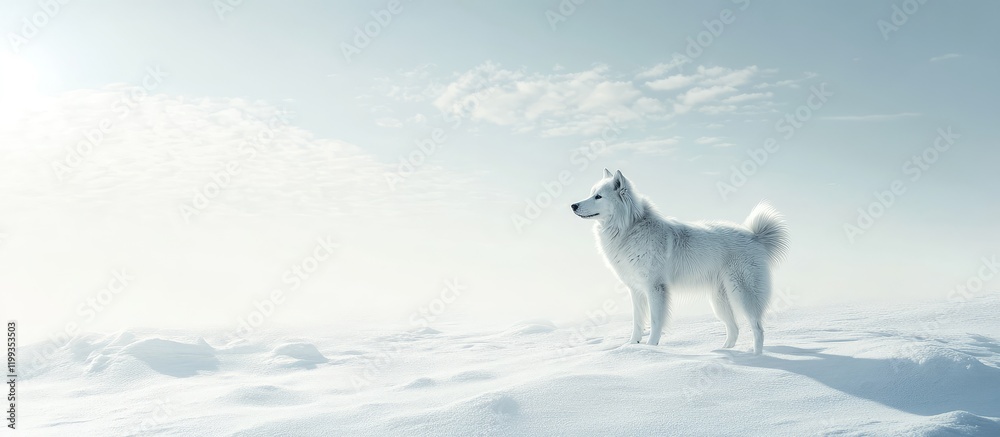 Fluffy White Dog Standing in Pristine White Snow with Clear Sky and Space for Text in Bright Natural Light Fluffy White Dog Standing in Pristine White Snow with Clear Sky and Space for Text in Bright Natural Light