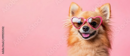 Fluffy Pomeranian Dog with Heart Shaped Sunglasses on Light Pink Background with Empty Space for Text and Close-Up Focus on Face photo