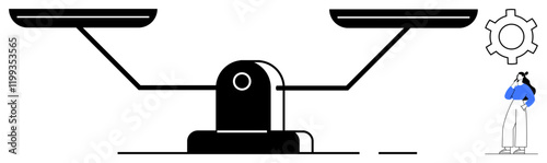 Balancing scale, person thinking, gear nearby suggesting contemplation, balance, choices, stability. Ideal for decision-making, equality, stability analysis contemplation choice work-life