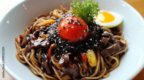 Delicious Black Bean Noodles with Egg Yolk photo