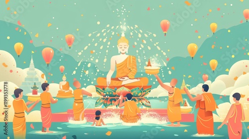 Traditional Songkran Festival Monk Sculpture Performing Water Shower Ritual photo