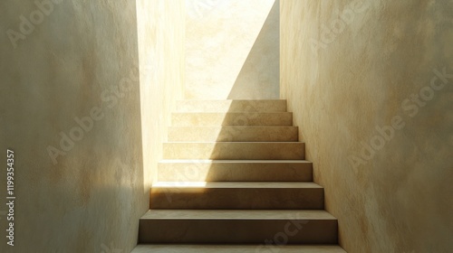 Stairs illuminated by sunlight in a minimalist architectural space. Generative AI