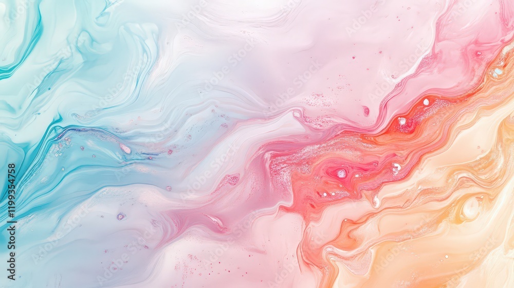 Obraz premium Abstract fluid art with flowing colors of light blue, pink, and peach creating a dynamic and swirling pattern