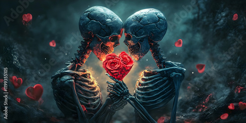 Fototapeta Naklejka Na Ścianę i Meble -  skeleton couple with rose posies, ai generated.