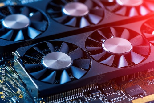 Close-up of a high-performance graphics card with cooling fans, showcasing modern technology in computing and gaming hardware.