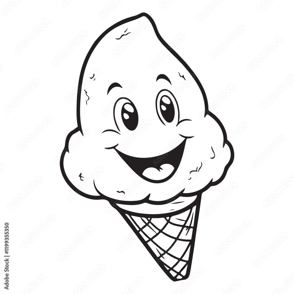 A cute cartoon ice cream cone with a big smile and cheerful eyes, ready to be enjoyed on a hot summer day A cute cartoon ice cream cone with a big smile and cheerful eyes, ready to be enjoyed on a hot summer day
