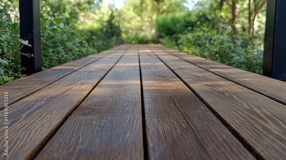 Fototapeta premium Wooden Pathway in a Lush Green Garden: A Serene Stroll Through Nature