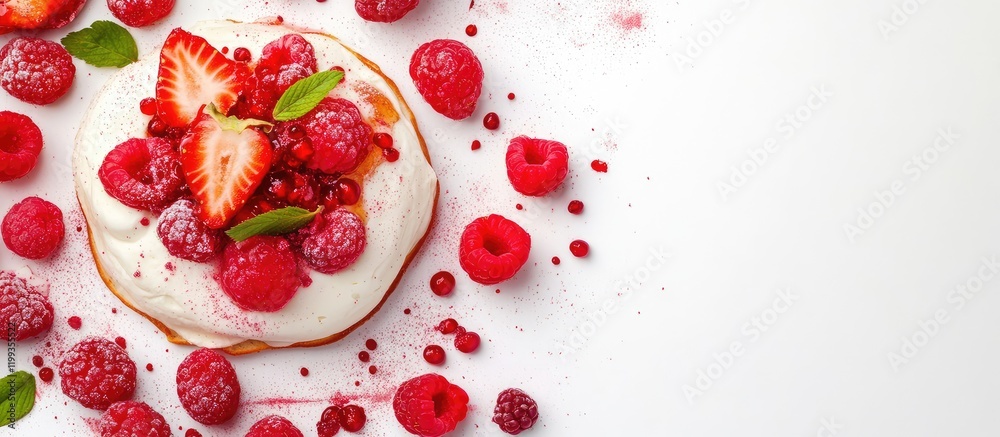 Fluffy pancakes with raspberries and strawberries, featuring empty space for text. Fluffy pancakes with raspberries and strawberries, featuring empty space for text.