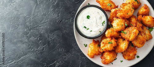 Crispy potato fritters served with sour cream dipping sauce on textured dark background, space for text photo