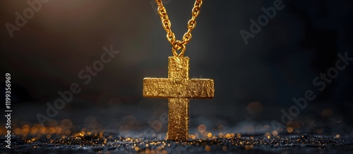 Glowing Gold Cross Pendant on Chain Against Dark Background