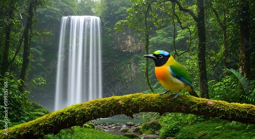 A vibrant tropical bird perched on a moss-covered branch in a lush rainforest, with a cascading waterfall in the background surrounded by dense greenery. photo