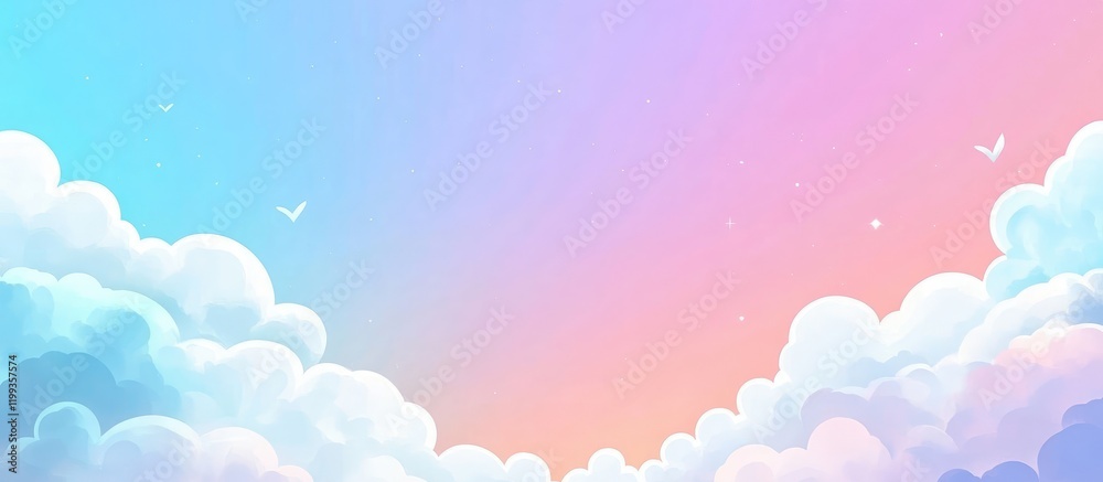 Pastel gradient sky with fluffy white clouds and subtle birds, providing a blank canvas for design projects and seasonal backgrounds. Pastel gradient sky with fluffy white clouds and subtle birds, providing a blank canvas for design projects and seasonal backgrounds.