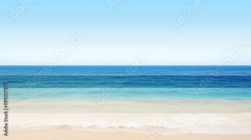 A serene seascape scene with gentle waves meeting a sandy beach under a clear sky