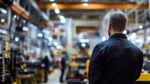 A production manager overseeing the manufacturing process on a factory floor, with assembly lines and workers in the background, Factory scene