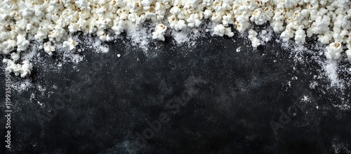 Close-up of scattered fluffy white popcorn on a textured black surface, featuring ample negative space for text incorporation. photo