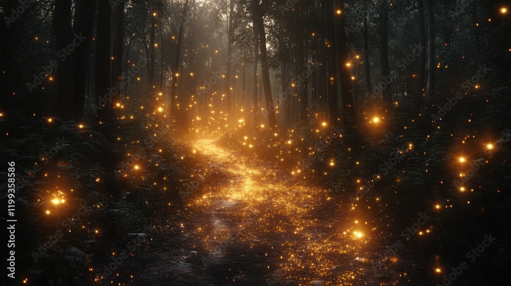 Fototapeta premium Glowing gold dust trail in mystical dark forest enchanting nature scene ethereal environment magical viewpoint