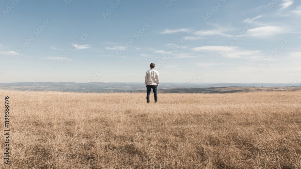 Man standing in a vast, dry field, gazing at a distant landscape under a clear blue sky. Man standing in a vast, dry field, gazing at a distant landscape under a clear blue sky.