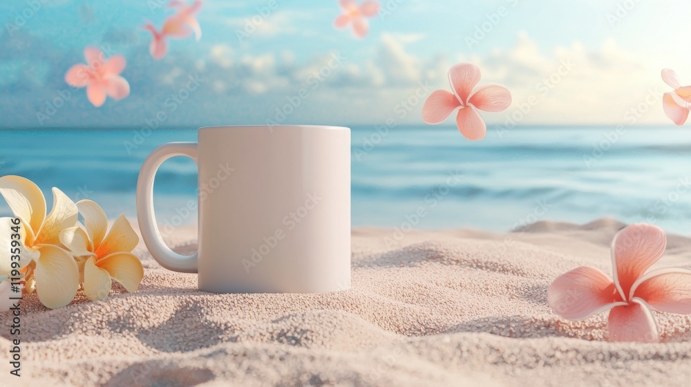 Serene Beach Scene with Coffee Mug and Flowers on Sandy Shore