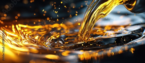 Engine oil flowing into an automotive engine through filler pipe, close-up view highlighting rich amber tones and smooth liquid surface.