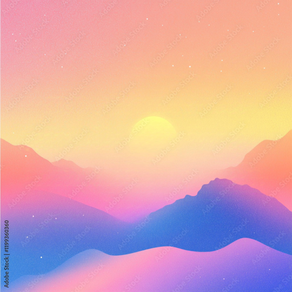 A gradient landscape featuring soft, rolling mountains in shades of pink, purple, and blue, with a bright sun rising in the background against a pastel sky