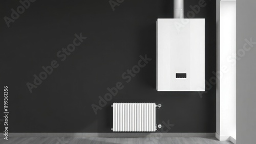 Gas boiler and heater radiator, Domestic heating system concept, central heating system new boiler grant. photo