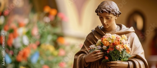 Serene Saint Anthony Statue Adorned with Colorful Flowers in Tranquil Religious Setting with Soft Natural Lighting and Empty Space for Text photo