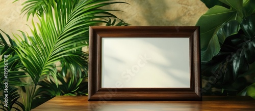Framed award certificate displayed on polished wooden table with lush green indoor plant backdrop and blank space for text or branding